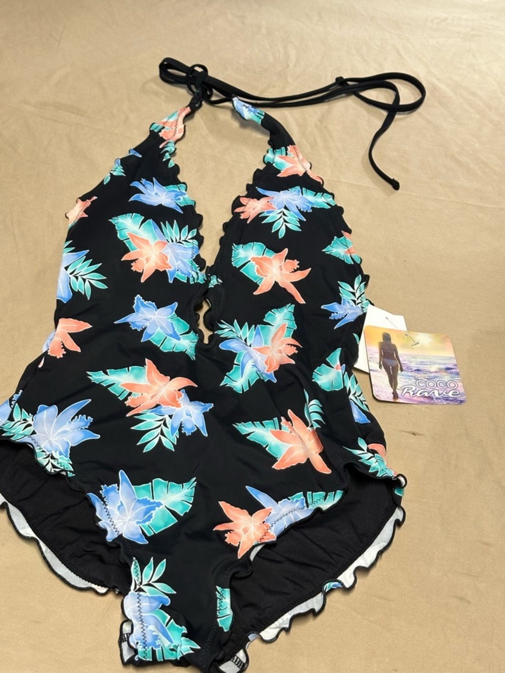 Coco Rave Black One-Piece Swimsuit with Coral & Aqua Floral Print